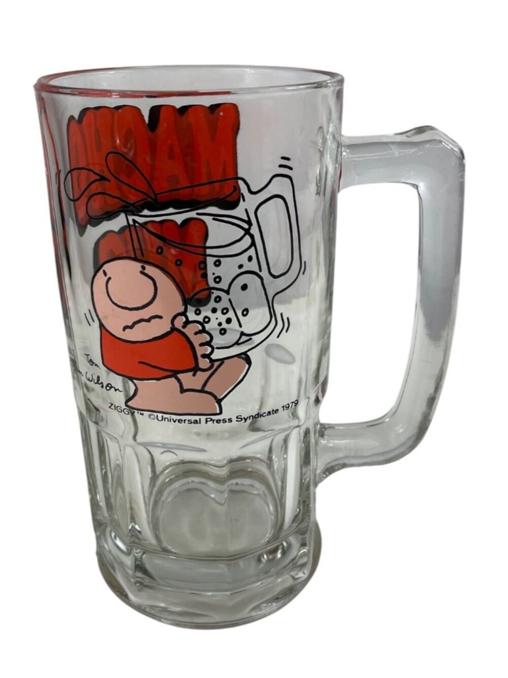 Vintage MACHO MUG 1979 Ziggy HUGE 8" 32 OZ Heavy Glass Beer Stein Tom Wilson